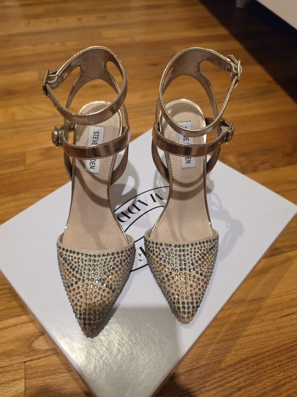 Steve Madden Metallic Gold Crystal Pointed-Ankle Strap Heels 4 Inch